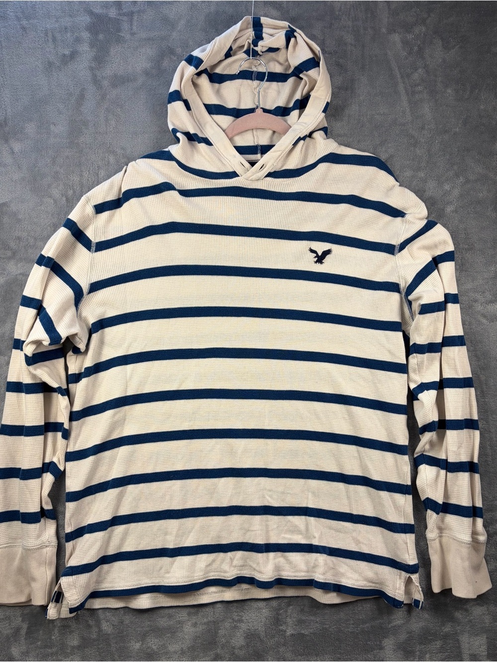 Vintage Y2K American Eagle Outfitters Cream and Navy Striped Hooded Thermal